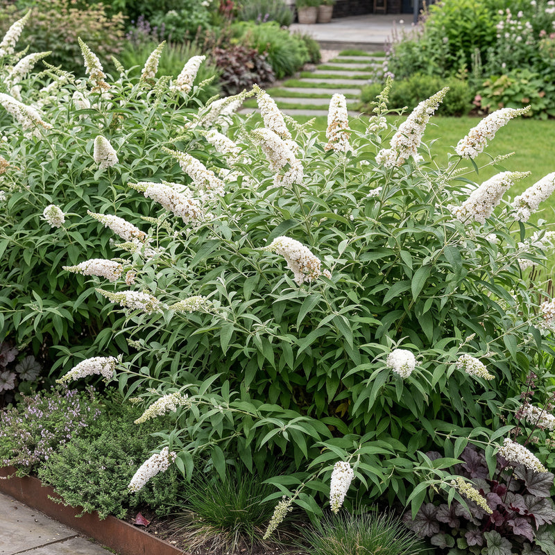 Green boutiQ - Tuinplant - Buddleja davidii White Profusion - Vlinderstruik - Winterhard - Wit - 1 Plant - Pot 17cm - Hoogte 45cm