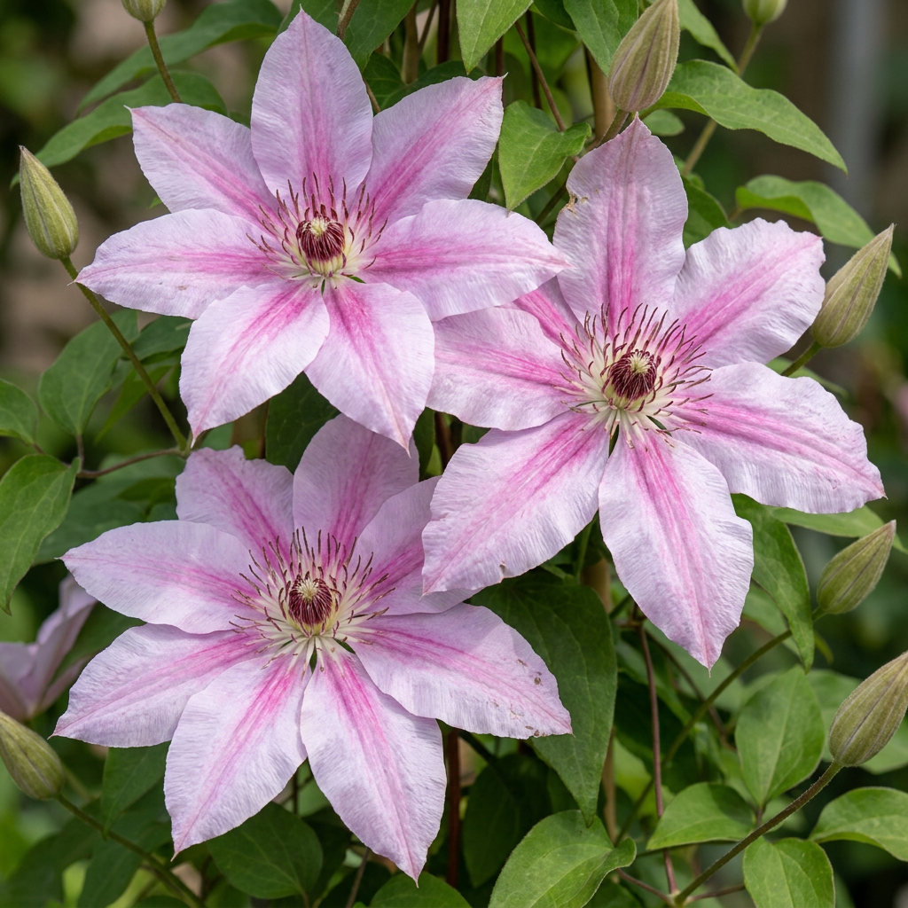 Green boutiQ - Plante grimpante - Clématite Nelly Moser - Fleur rose - Peu d'entretien - 2 plantes - Pot 11cm Hauteur 40cm