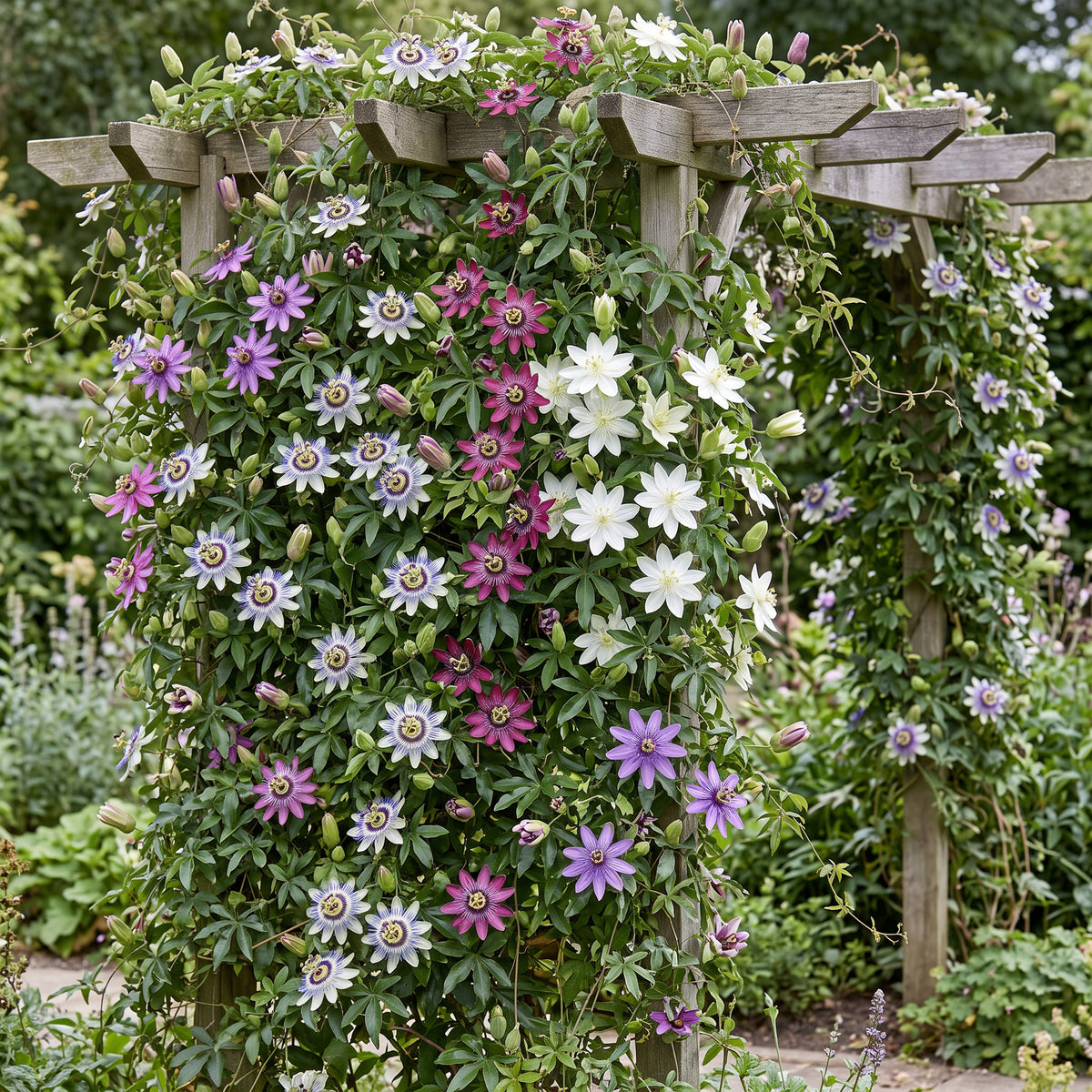 Green boutiQ - Passionsblume - Passiflora Rainbow - Blüte Rosa Weiß Lila Grün - Pflegeleicht - 4 Pflanzen - Topf 11cm Höhe 40cm