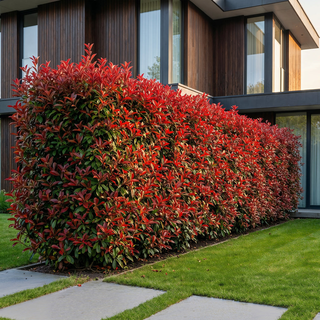 Green boutiQ - Haies - Photinia fraseri Carre Rouge - feuillage rouge et vert - 8 plantes - 1 mètre linéaire - persistant - pot 9 cm hauteur 30-35 cm