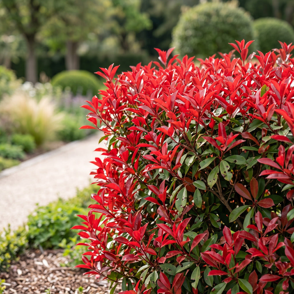 Green boutiQ - Haies - Photinia Little Red Robin - Feuillage rouge - 8 plantes - 1 mètre linéaire - Persistant - Pot 9 cm Hauteur 30-35 cm