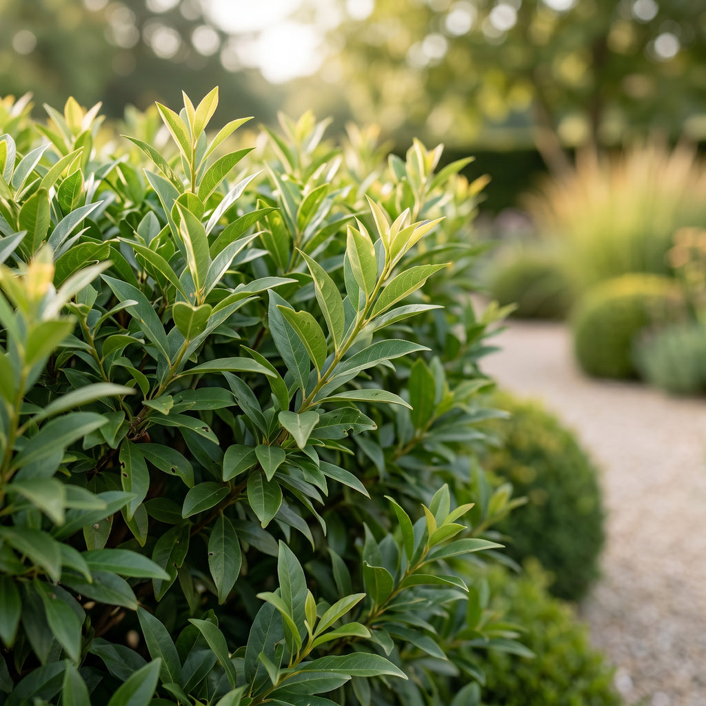 Green boutiQ - Plantes de haie - Prunus lusitanica Angustifolia - feuillage vert - 8 plantes - 1 mètre linéaire - persistant - pot 9cm hauteur 30-35cm