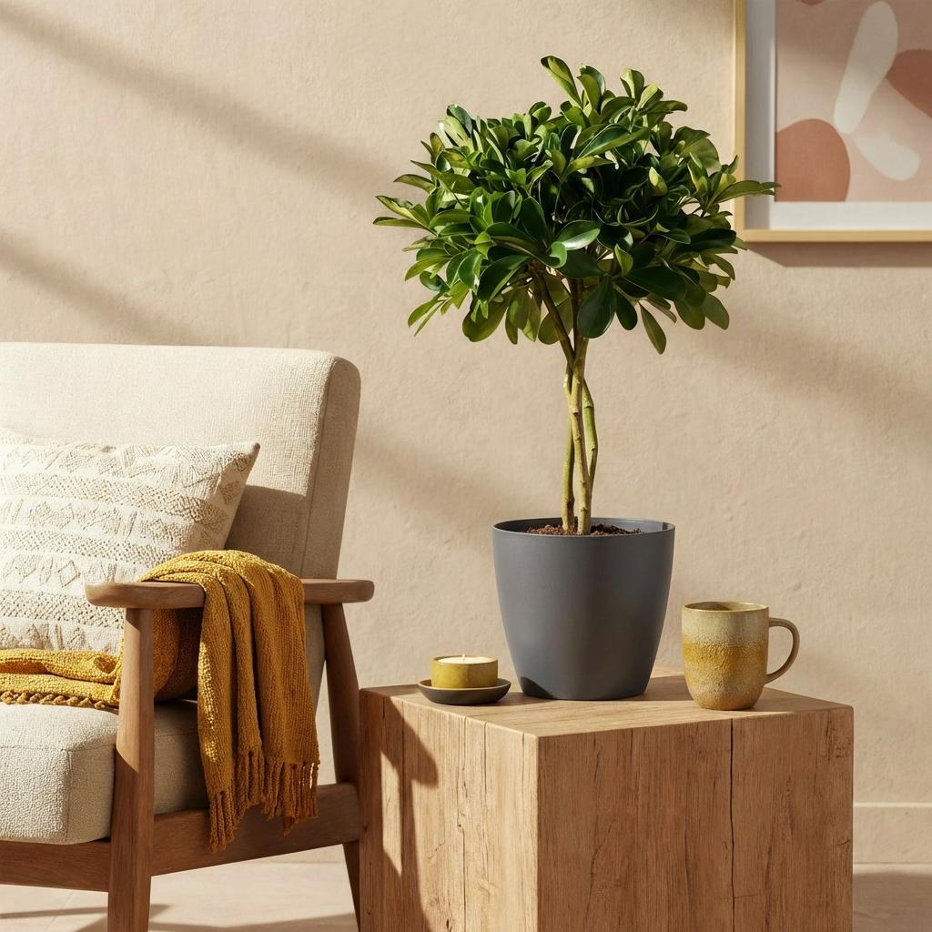 Green boutiQ - Plantes d'intérieur - Schefflera Gold Capella - Arbre à doigts - Peu d'entretien - Vert - doré - 1 Plante - avec Pot Gris - Pot 21cm - Hauteur 70-80cm