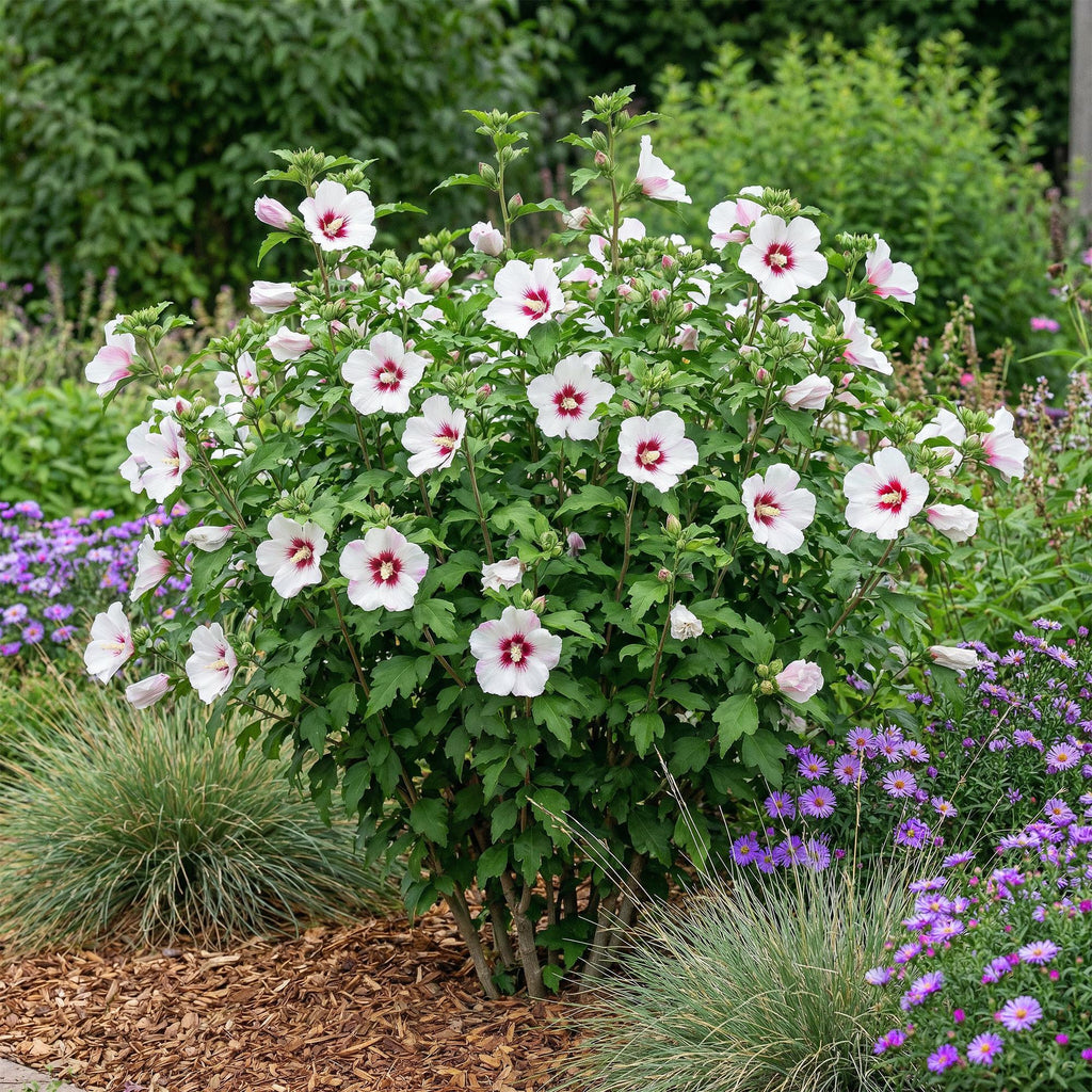 Green boutiQ - Plante de jardin - Hibiscus syriacus Hamabo - Hibiscus de jardin - Rustique - Blanc - Rose - 3 Plantes - Pot 17cm - Hauteur 45cm