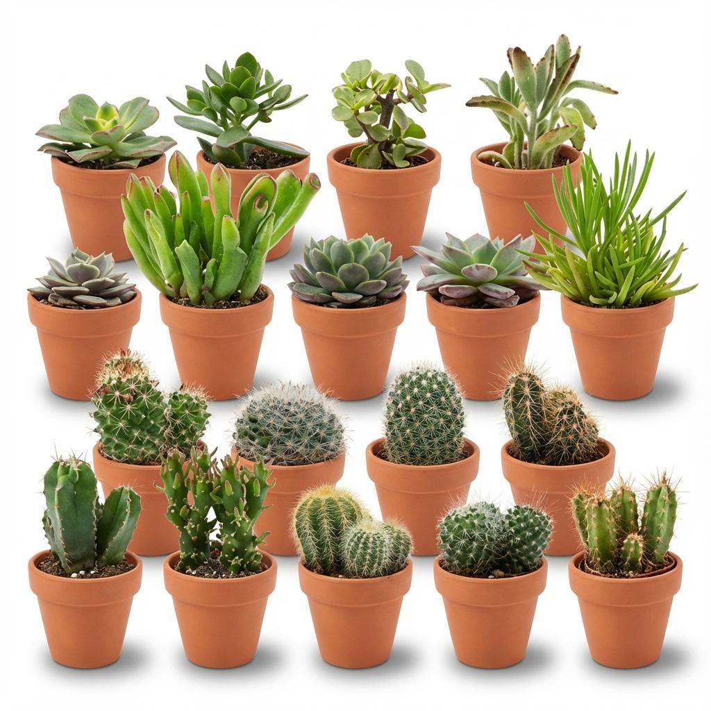 Mini-Kaktus- & Sukkulenten-Mix - 18 Stück - Ø 8,1 cm - Höhe: 5-10 cm - Terrakotta-Töpfe