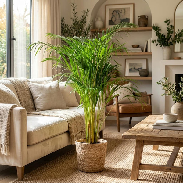 Green boutiQ - Kamerplant - Goudpalm - Dypsis Lutescens Areca - Groen - Weinig onderhoud - 1 Plant - met Mand - Pot 21cm - Hoogte 90 - 100cm
