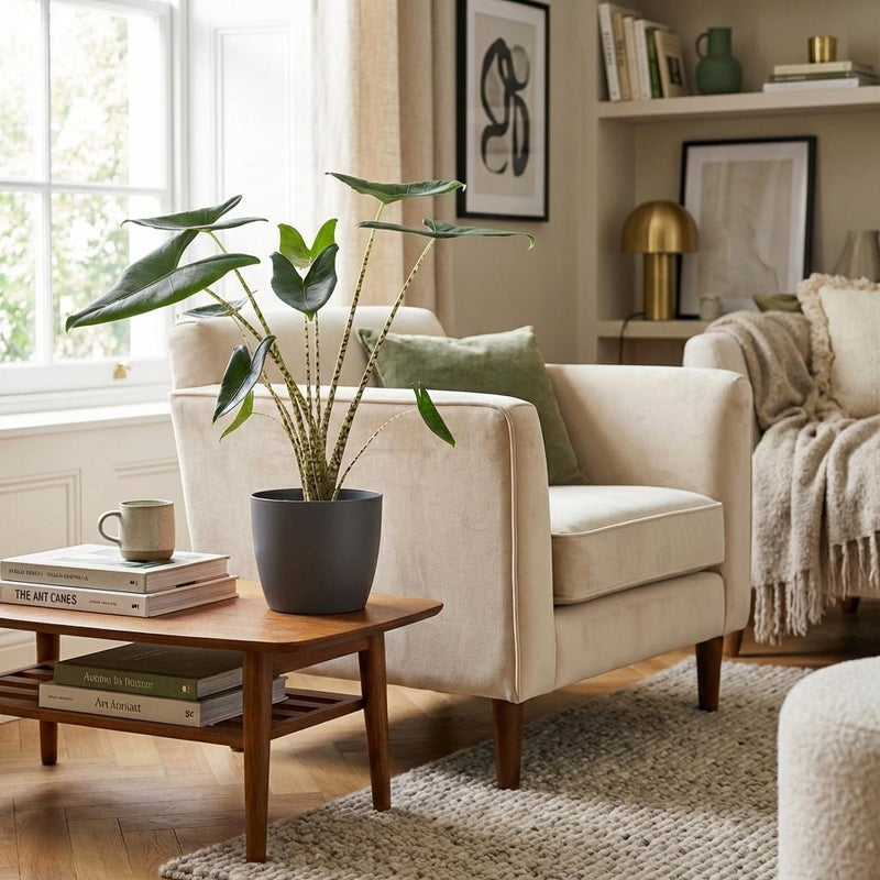 Green boutiQ - Kamerplant - Olifantsoor - Alocasia Zebrina - Groen - Weinig onderhoud - 1 Plant - met Potter Grijs - Pot 21 cm - Hoogte 70 - 75cm