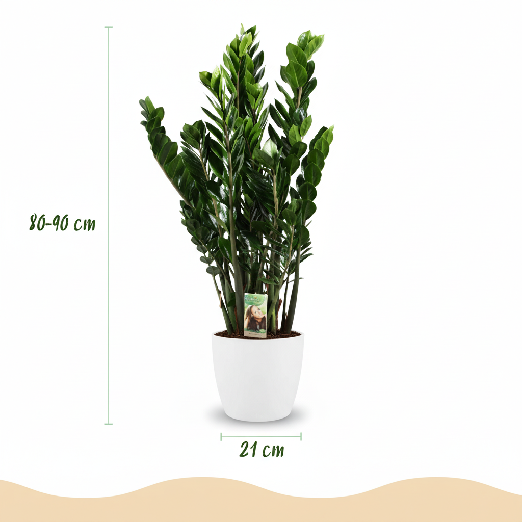 Green boutiQ - Plante d'intérieur - Zamioculcas - Zamioculcas Zamiifolia - Vert - Peu d'entretien - 1 plante - avec pot blanc - Pot 21 cm - Hauteur 80 - 90 cm