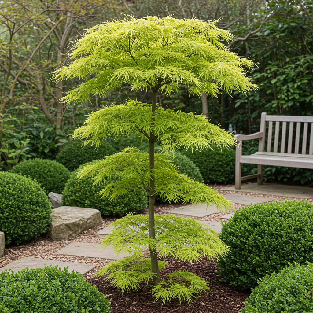 Green boutiQ - Plante de terrasse - Érable du Japon - Acer palmatum Koto-no-ito - Vert - 1 plante - Caduc - Pot 19cm Hauteur 70cm