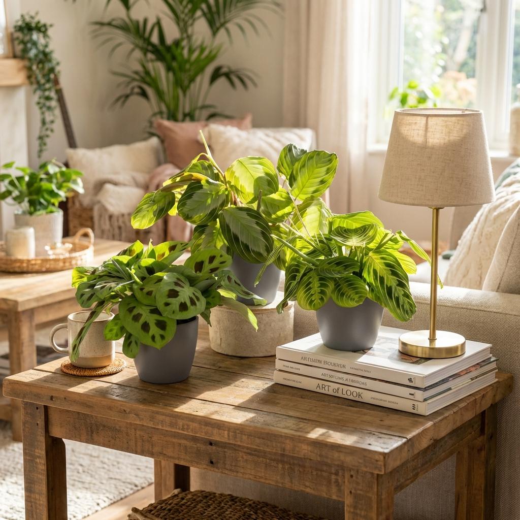 Green boutiQ - Zimmerpflanze - Marantha Silverband, Marantha Lemon Lime, Marantha Kerchoveana - Gebetspflanze - Haustierfreundliche Pflanze - Grün - 3 Pflanzen - mit grauem Übertopf - Topf 12 cm - Höhe 25 cm