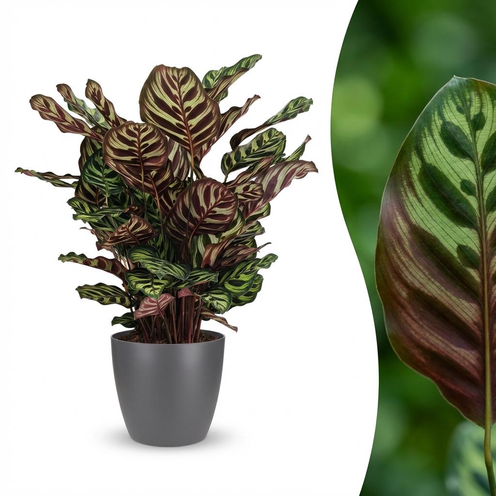 Green boutiQ - Plante d'intérieur - Plante paon - Calathea Makoyana - Vert - Entretien facile - 1 plante - avec pot gris - Pot 19cm - Hauteur 70cm