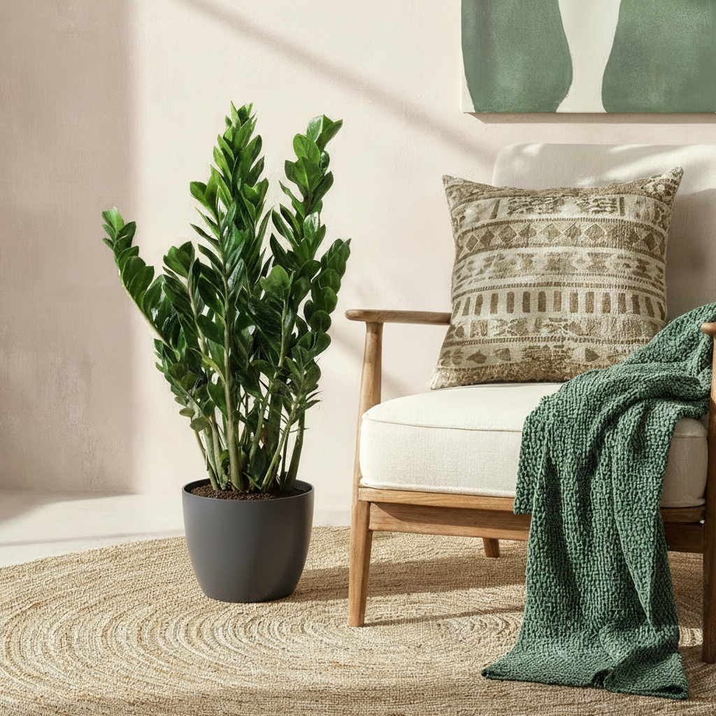 Green boutiQ - Plante d'intérieur - Plante ZZ - Zamioculcas Zamiifolia - Vert - Peu d'entretien - 1 plante - avec pot gris - Pot 21 cm - Hauteur 80 - 90 cm