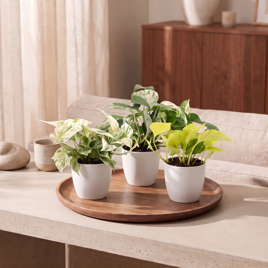 3x Epipremnum Tricolour - Yellow - Green - Cream - Tropical - incl. white pot - Ø6cm - ↕20-25cm