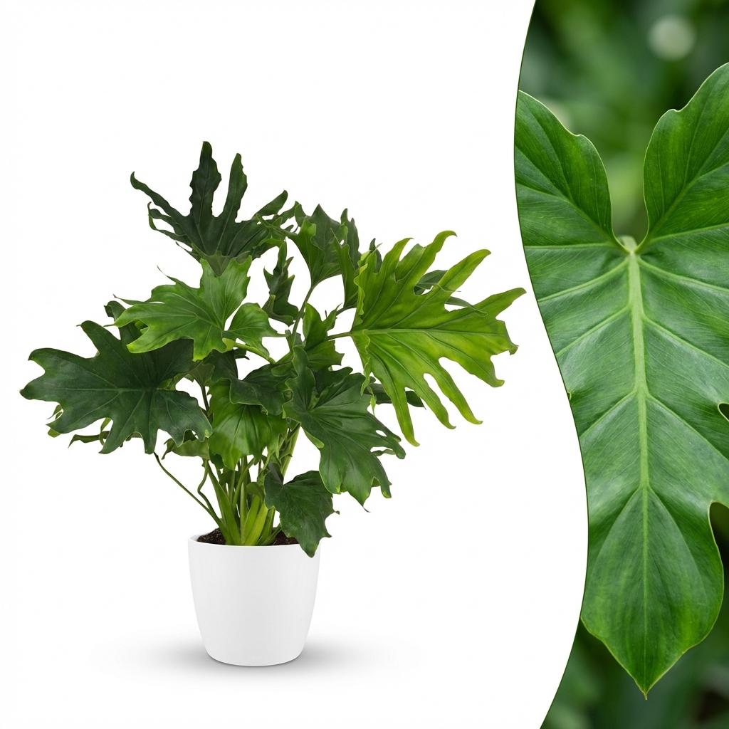Green boutiQ - Plante d'intérieur - Philodendron - Philodendron Lickety split - Vert - Entretien facile - 1 plante - avec pot blanc - Pot 19cm - Hauteur 70cm