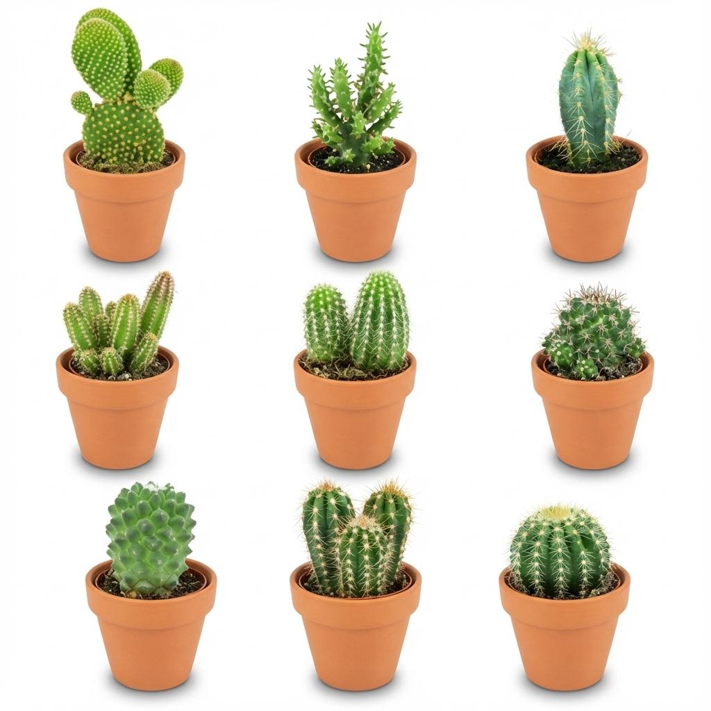 Mini Cactus Mix - 9 Pièces - Ø 8,1 cm - Hauteur : 5-10 cm - Pots en Terre Cuite
