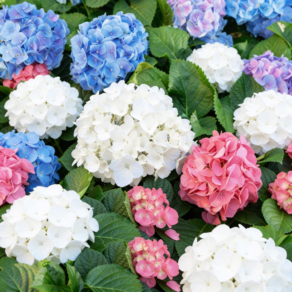 Green boutiQ - Plante de jardin - Hydrangea macrophylla Tricolour - Hortensia - Rustique - Rose-Bleu-Blanc - 3 Plantes - Pot 12cm - Hauteur 20-30cm