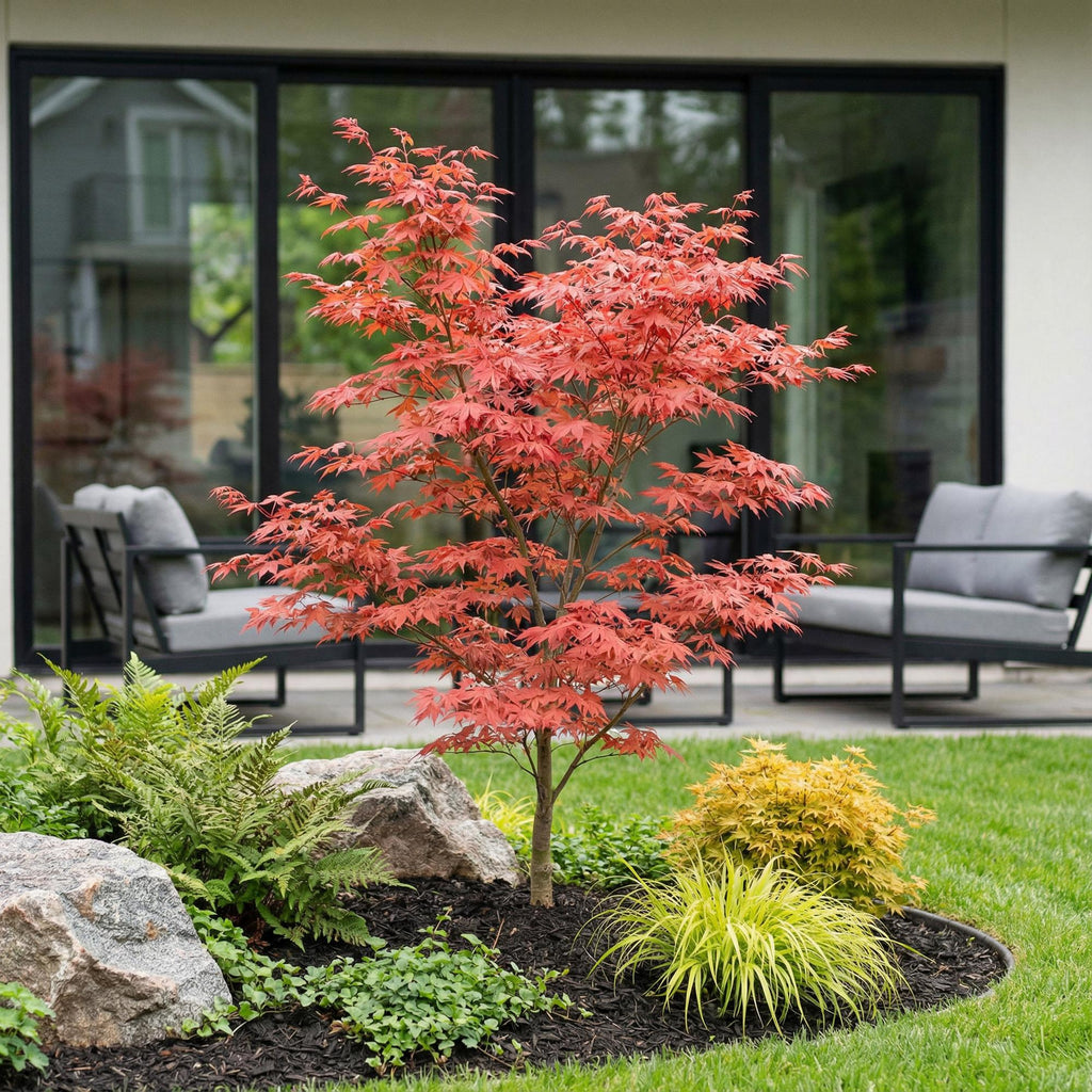Green boutiQ - Gartenpflanze - Acer palmatum Atropurpureum - Japanischer Ahorn - Laubabwerfend - Purpur - 1 - Topf 26cm - Höhe 90cm