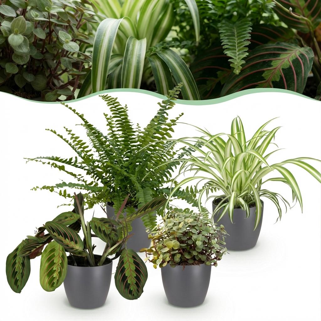 Green boutiQ - Zimmerpflanze - Chlorophytum - Maranta - Callisia - Nephrolepis - 4er-Set - Haustierfreundliche Pflanzen - Grün - 4 Pflanzen - mit grauem Übertopf - Topf 12 cm - Höhe 25 cm