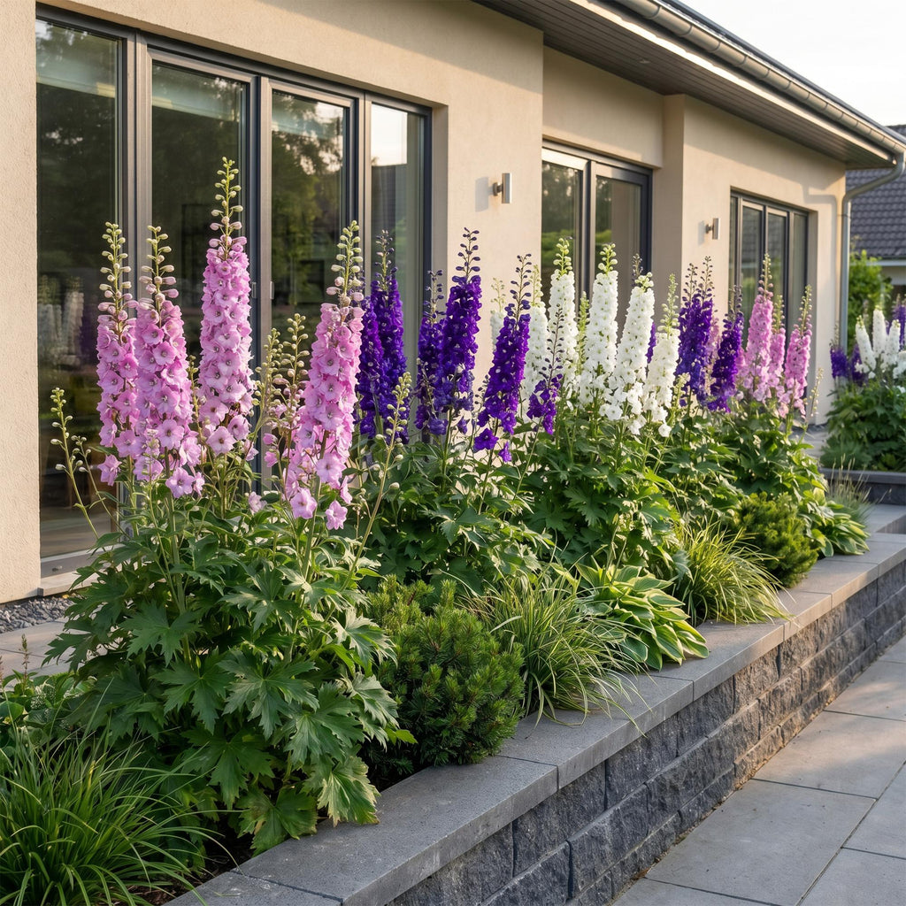 Green boutiQ - Plante vivace - Delphinium Tricolour - Pied-d'alouette - Attire les abeilles et les papillons - Violet - Rose - Blanc - 6 plantes - Pot 11cm - Hauteur 15-25cm