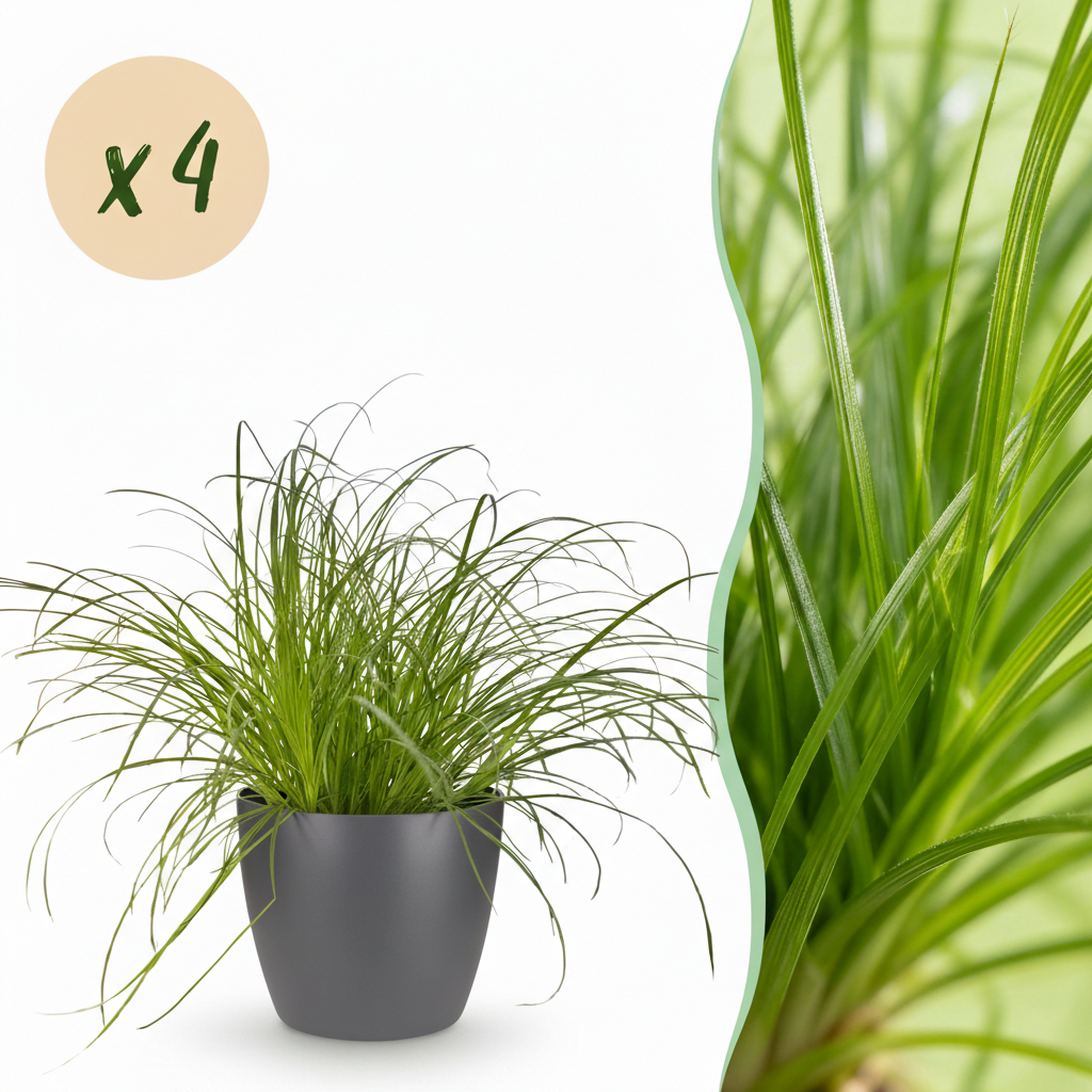 Green boutiQ - Plante d'intérieur - Cyperus alternifolius Zumula - Herbe à chat - Plante adaptée aux animaux domestiques - Vert - 4 Plantes - avec Cache-pot Gris - Pot 12cm - Hauteur 20cm