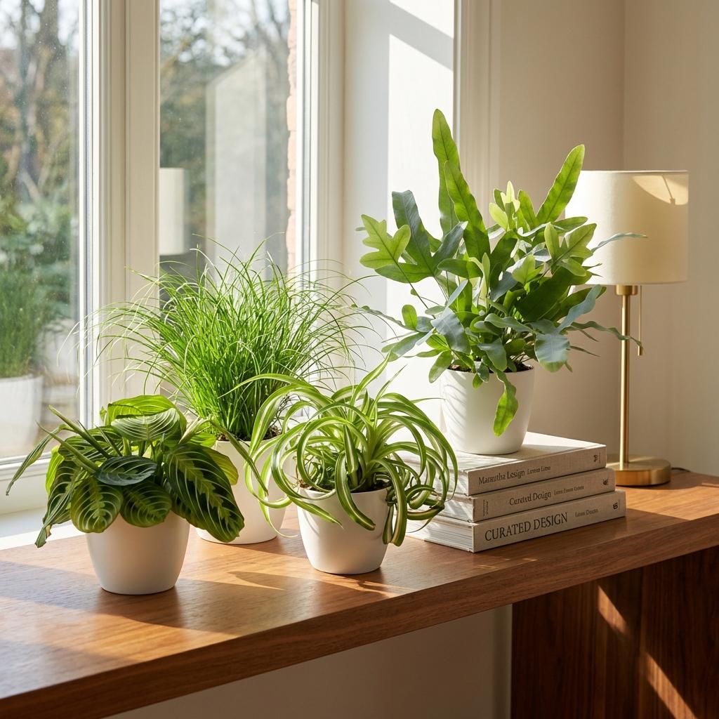 Green boutiQ - Zimmerpflanze - Chlorophytum - Cyperus - Phlebodium - Marantha - 4er-Set - Haustierfreundliche Pflanzen - Grün - 4 Pflanzen - mit weißem Übertopf - Topf 12cm - Höhe 25cm
