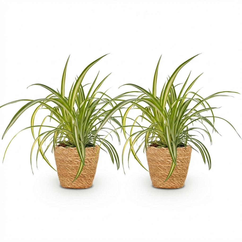 Green boutiQ - Plante d'intérieur - Chlorophytum comosum Variegatum - Phalangère panachée - Plante adaptée aux animaux de compagnie - Vert - 2 Plantes - avec Panier - Pot 12cm - Hauteur 20cm