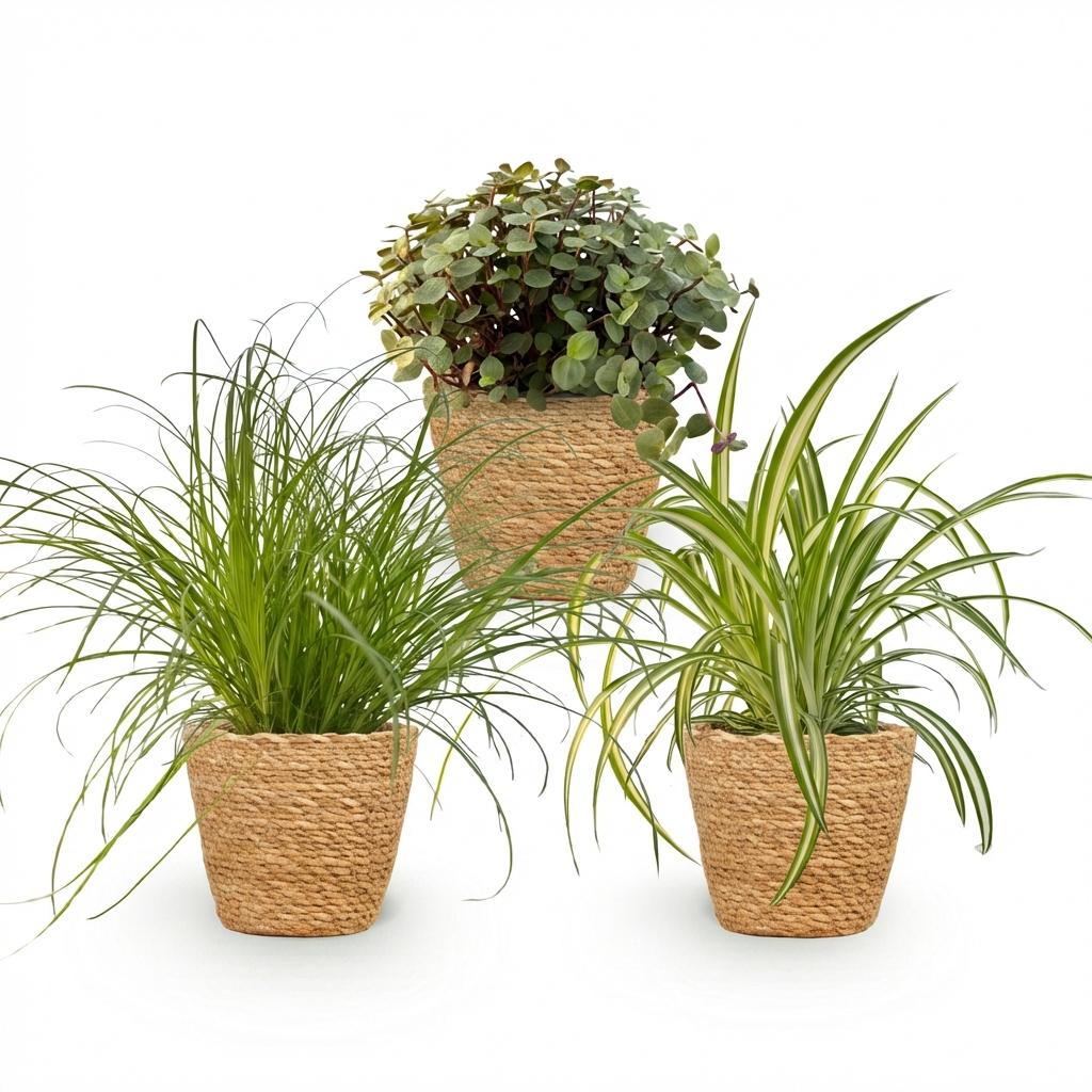 Green boutiQ - Zimmerpflanze - Cyperus - Callisia - Chlorophytum - 3er-Set - Haustierfreundliche Pflanzen - Grün - 3 Pflanzen - mit Korb - Topf 12cm - Höhe 20cm