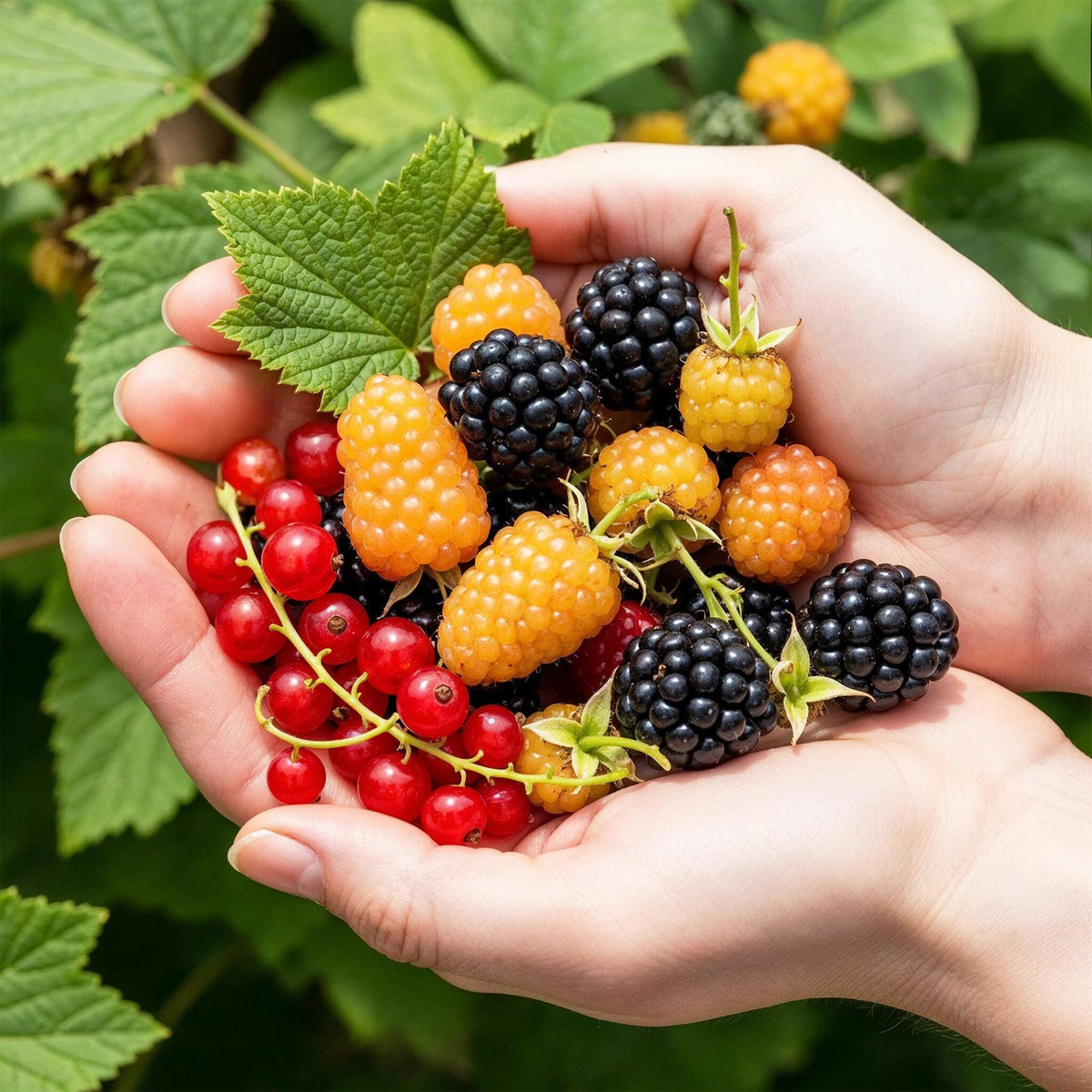Green boutiQ - Plants fruitiers - Tricolore - Groseille rouge - Framboise jaune - Mûre noire - Rustique - 3 plantes - Pot 9cm