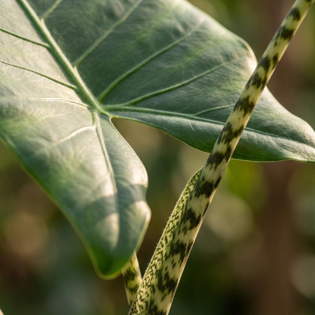 Green boutiQ - Plante d'intérieur - Oreille d'éléphant Zebrina - Alocasia Zebrina - Verte - Peu d'entretien - 1 Plante - avec panier - Pot 21 cm - Hauteur 70 - 75cm