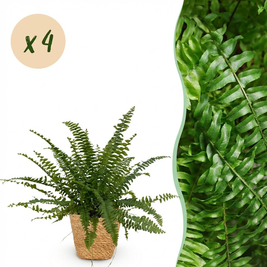 Green boutiQ - Zimmerpflanze - Nephrolepsis exaltata Green Lady - Farn - Haustierfreundliche Pflanze - Grün - 4 Pflanzen - mit Korb - Topf 12cm - Höhe 25cm