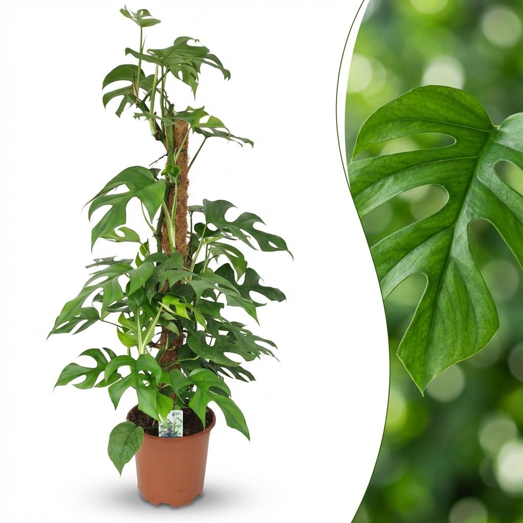 Green boutiQ - Plante d'intérieur - Mini Monstera - Monstera Minima sur tuteur - Vert - Entretien facile - 1 plante - Pot 19cm - Hauteur 90cm