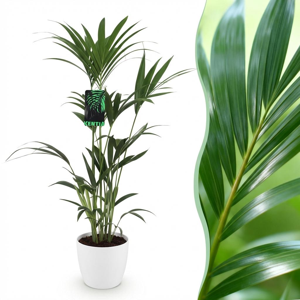 Green boutiQ - Plante d'intérieur - Howea Forsteriana - Palmier Kentia - Facile d'entretien - Vert - 1 Plante - avec Pot Blanc - Pot 21cm - Hauteur 120-130cm