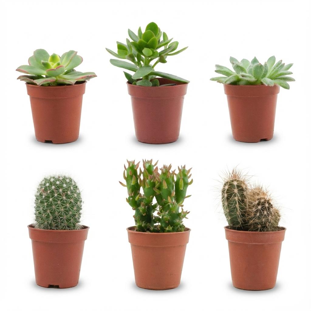 Mix aus echten Kakteen und Sukkulenten - 6 Stück - Ø 5,5 cm - Höhe: 5-10 cm