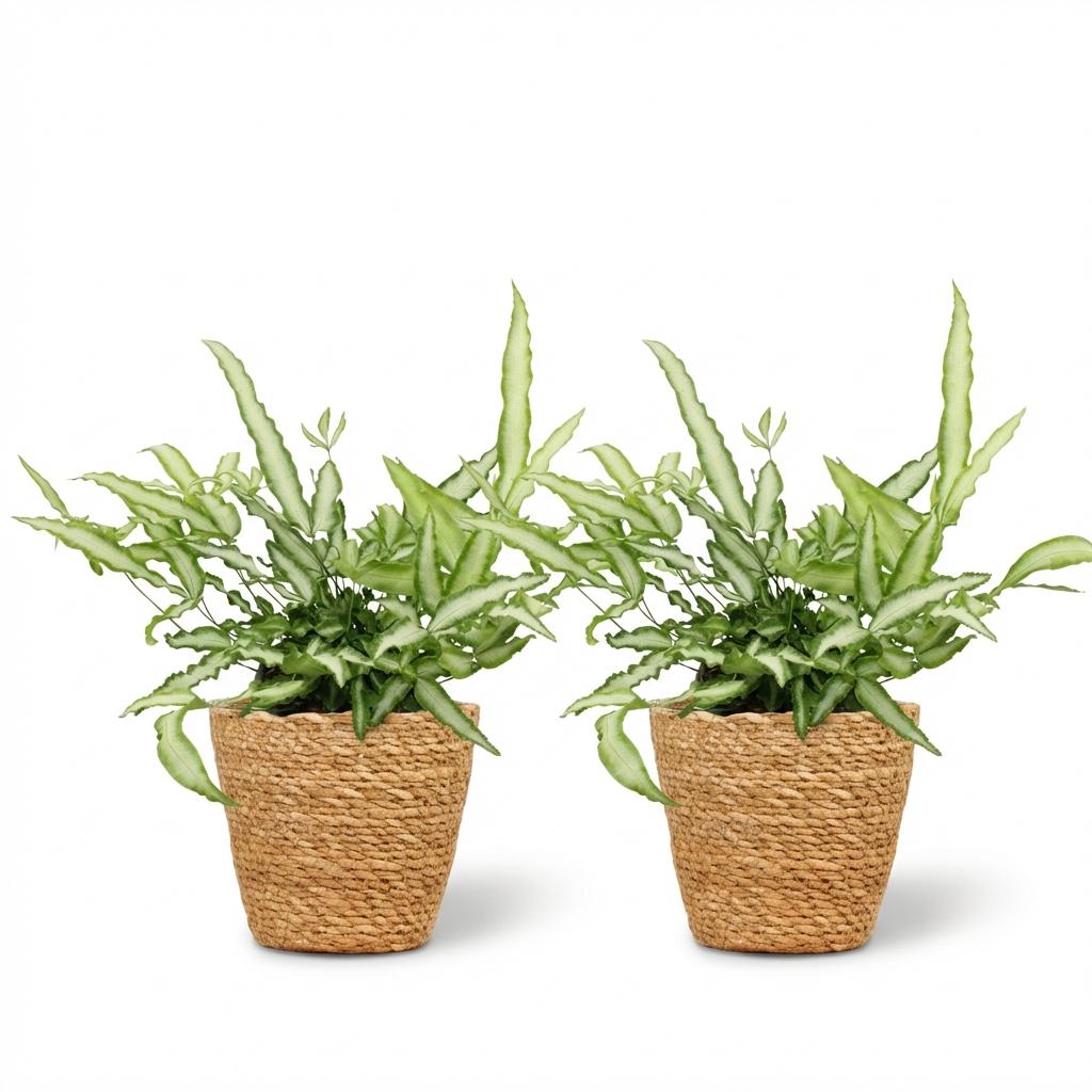Green boutiQ - Zimmerpflanze - Pteris cretica Albolineata - Flügelfarn - Haustierfreundliche Pflanze - Grün - 2 Pflanzen - mit Korb - Topf 12cm - Höhe 20cm