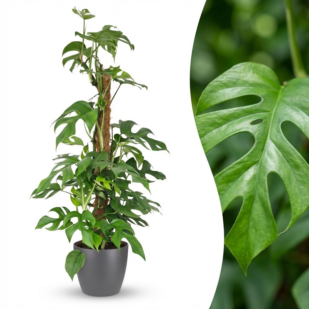 Green boutiQ - Plante d'intérieur - Monstera Minima - Monstera Minima sur tuteur - Vert - Peu d'entretien - 1 plante - avec pot gris - Pot 19 cm - Hauteur 90 cm