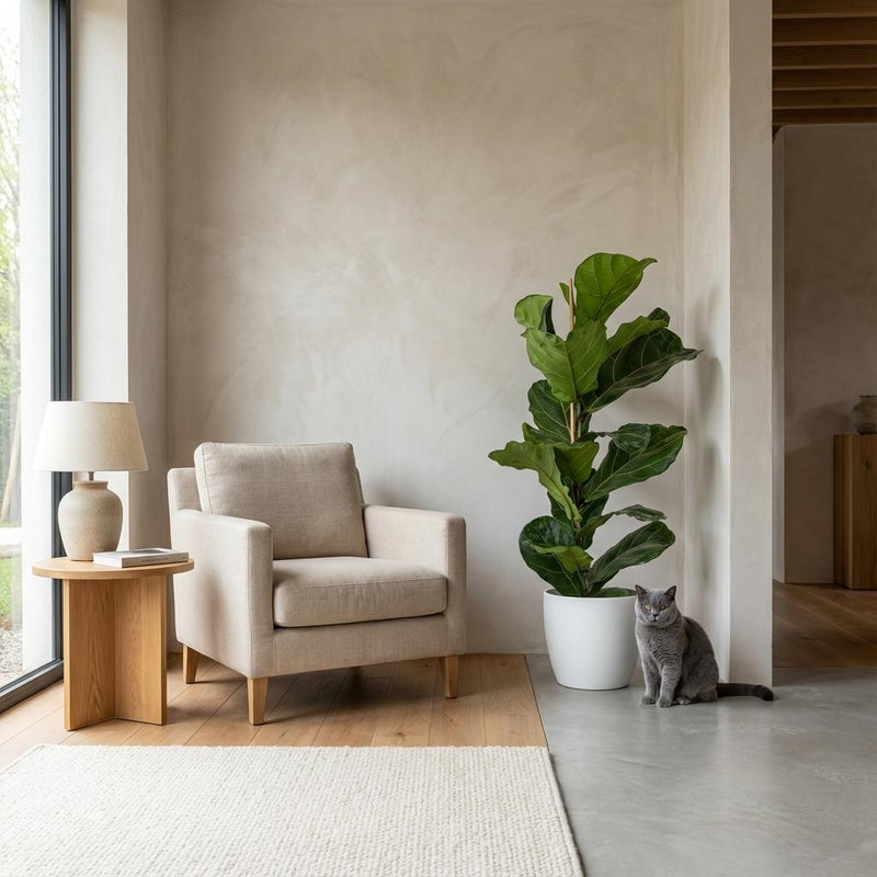 Green boutiQ - Kamerplant - Vioolbladplant - Ficus Lyrata - Groen - Weinig onderhoud - 1 Plant - met Potter Wit - Pot 21cm - Hoogte 75 - 85cm