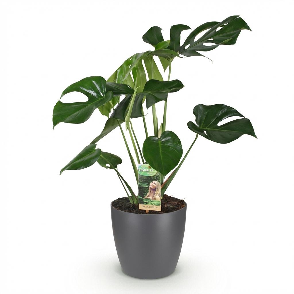 Green BoutiQ - Plantes d'intérieur - Monstera Deliciosa - Plante à trous - Peu d'entretien - Vert - 1 plante - avec pot gris - Pot 21 cm - Hauteur 70-80 cm