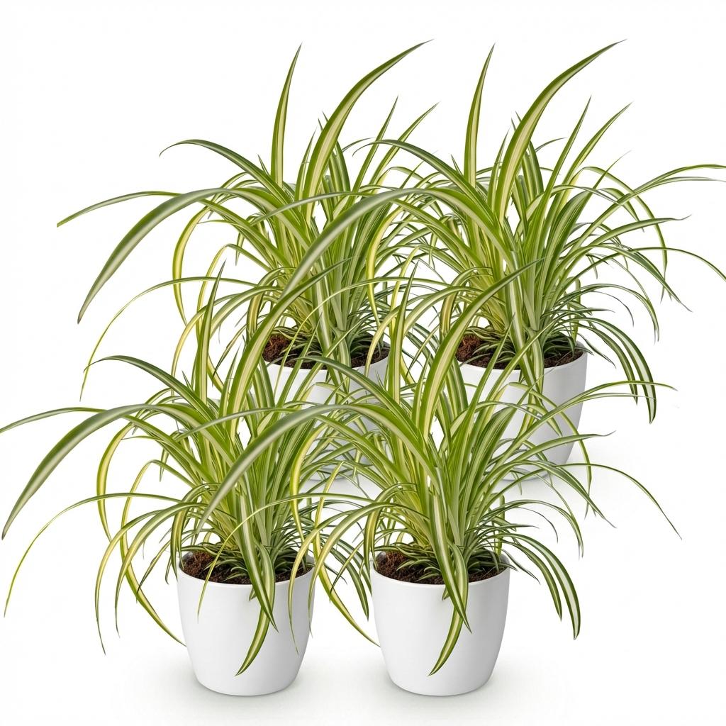 Green boutiQ - Zimmerpflanze - Chlorophytum comosum Variegatum - Bunte Grünlilie - Haustierfreundliche Pflanze - Grün - 4 Pflanzen - mit Topf Weiß - Topf 12cm - Höhe 20cm
