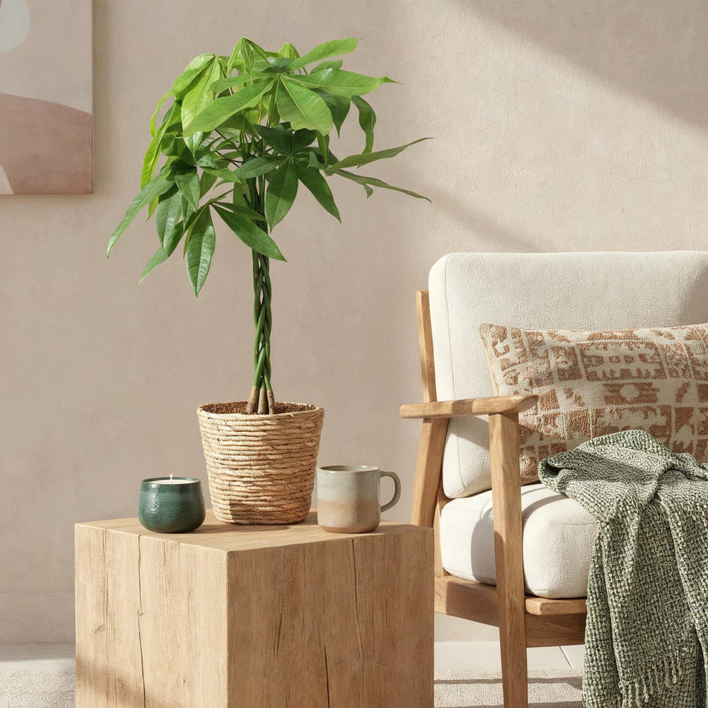 Green BoutiQ - Green is... Plantes d'intérieur - Pachira Aquatica tronc tressé - Arbre à monnaie - Peu d'entretien - Vert - 1 plante - Pot 21cm - Hauteur 80-90cm