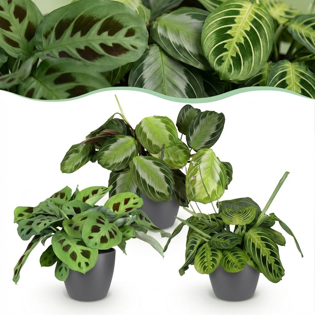 Green boutiQ - Zimmerpflanze - Marantha Silverband, Marantha Lemon Lime, Marantha Kerchoveana - Gebetspflanze - Haustierfreundliche Pflanze - Grün - 3 Pflanzen - mit grauem Übertopf - Topf 12 cm - Höhe 25 cm