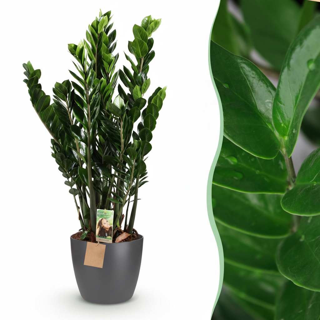Green boutiQ - Plante d'intérieur - Plante ZZ - Zamioculcas Zamiifolia - Vert - Peu d'entretien - 1 plante - avec pot gris - Pot 21 cm - Hauteur 80 - 90 cm