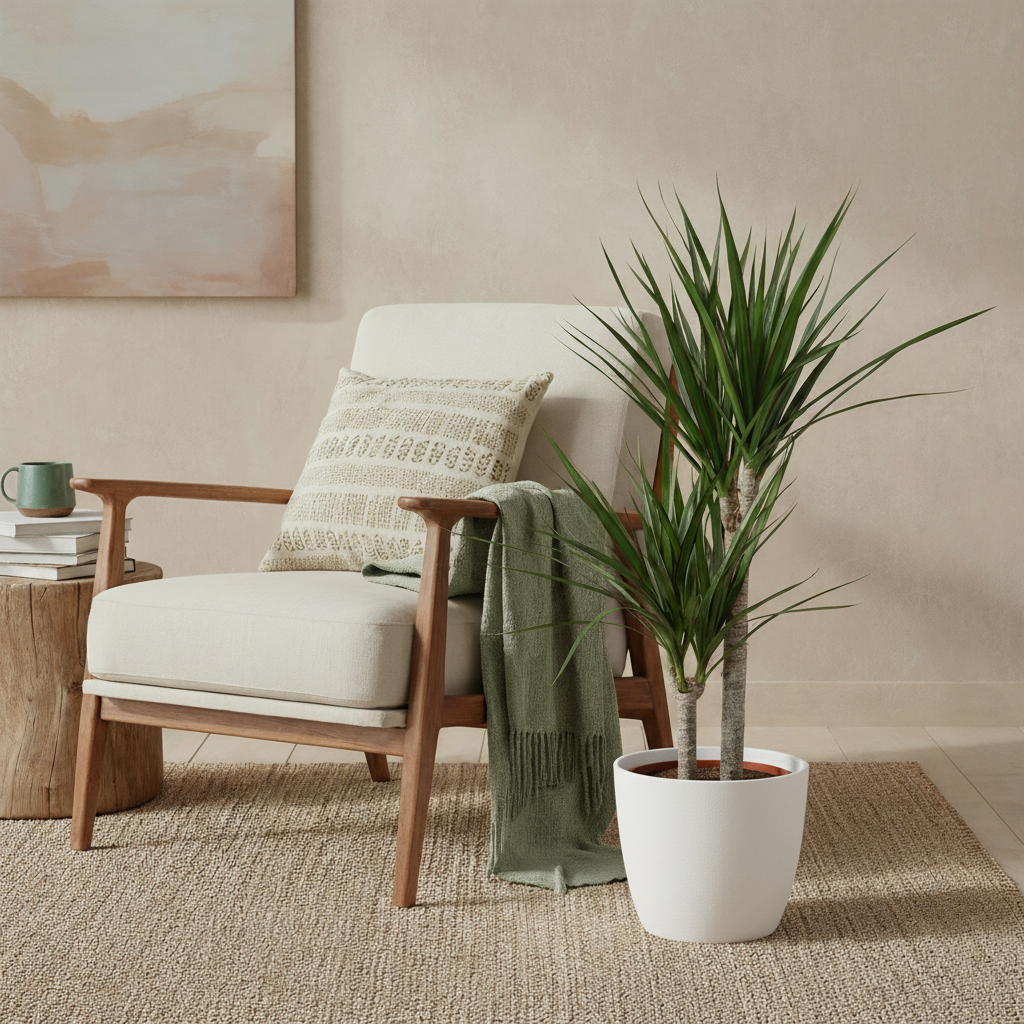 Green boutiQ - Kamerplant - Drakenbloedboom - Dracaena Marginata - Groen - Weinig onderhoud - 1 Plant - met Potter Wit - Pot 21cm - Hoogte 90 - 100cm