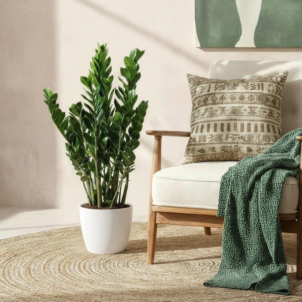 Green boutiQ - Plante d'intérieur - Zamioculcas - Zamioculcas Zamiifolia - Vert - Peu d'entretien - 1 plante - avec pot blanc - Pot 21 cm - Hauteur 80 - 90 cm