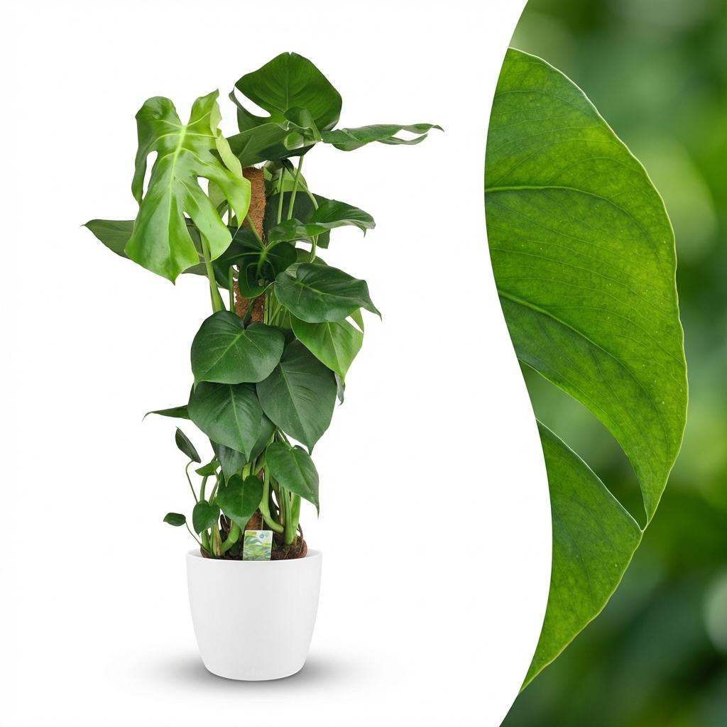 Green boutiQ - Plante d'intérieur - Monstera Deliciosa sur tuteur - Vert - Entretien facile - 1 plante - avec pot blanc - Pot 19cm - Hauteur 90cm