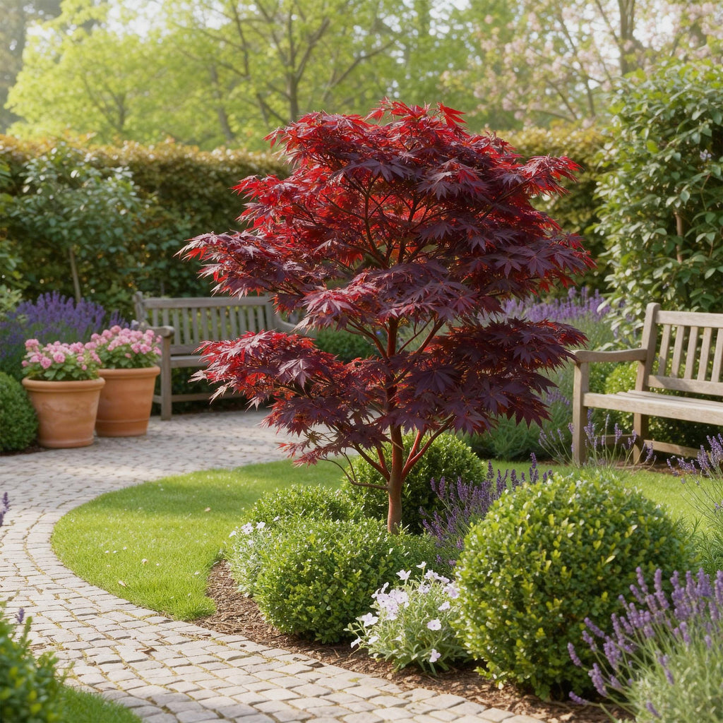 Green boutiQ - Plante de jardin - Acer palmatum Atropurpureum - Pourpre - 3 plantes - Caduc - Peu d'entretien - Pot 12 cm Hauteur 35 cm