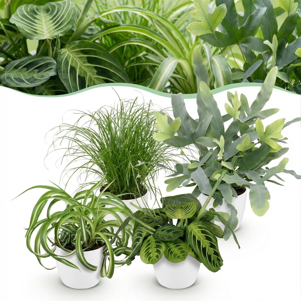 Green boutiQ - Zimmerpflanze - Chlorophytum - Cyperus - Phlebodium - Marantha - 4er-Set - Haustierfreundliche Pflanzen - Grün - 4 Pflanzen - mit weißem Übertopf - Topf 12cm - Höhe 25cm