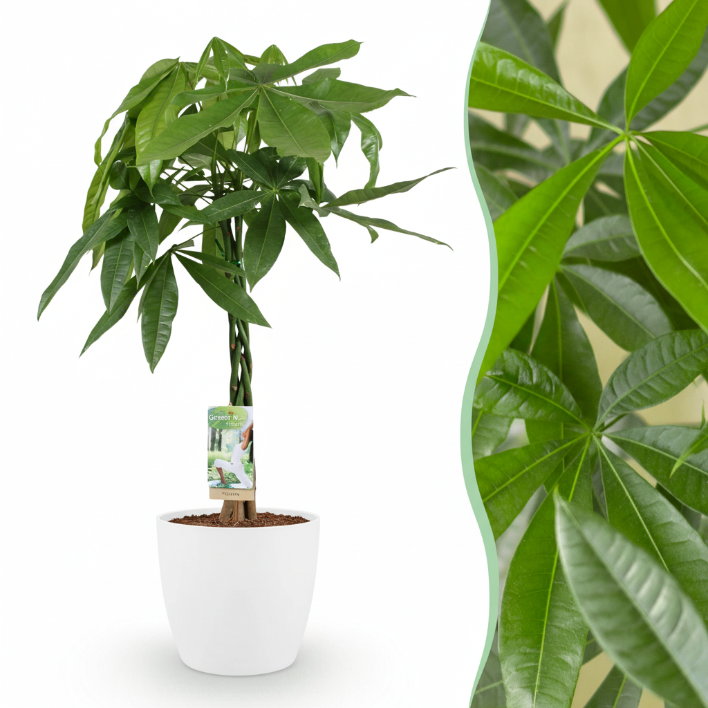 Green boutiQ - Plante d'intérieur - Pachira aquatica - Vert - Entretien facile - 1 plante - avec pot blanc - Pot 21cm - Hauteur 75 - 85cm