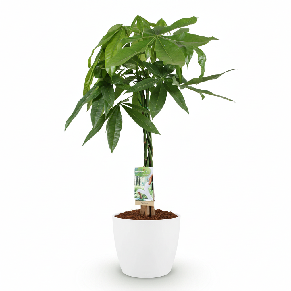 Green boutiQ - Plante d'intérieur - Pachira aquatica - Vert - Entretien facile - 1 plante - avec pot blanc - Pot 21cm - Hauteur 75 - 85cm