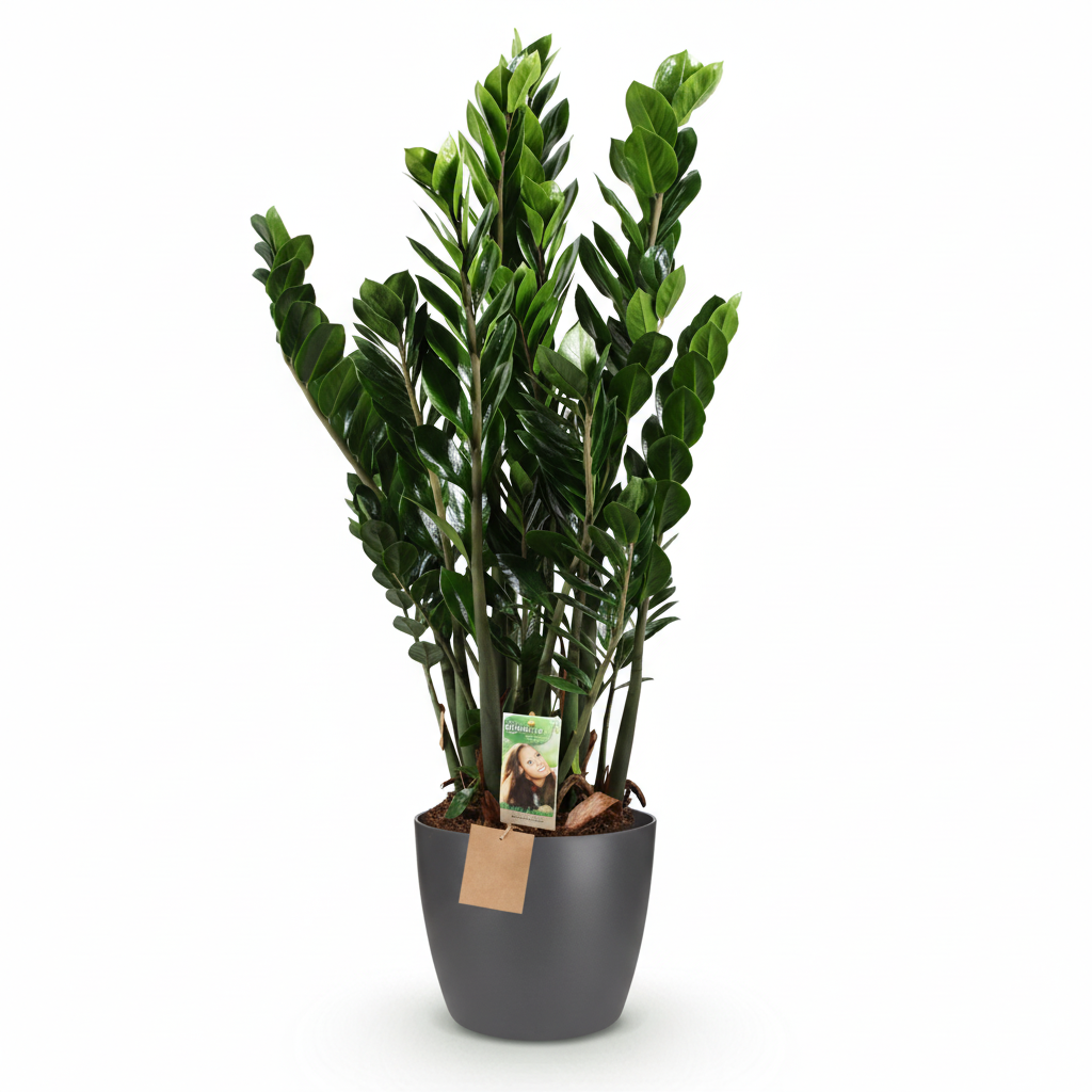 Green boutiQ - Plante d'intérieur - Plante ZZ - Zamioculcas Zamiifolia - Vert - Peu d'entretien - 1 plante - avec pot gris - Pot 21 cm - Hauteur 80 - 90 cm
