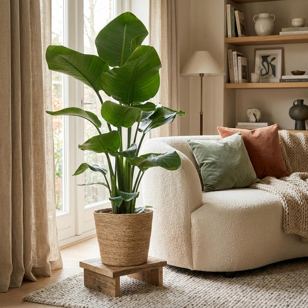 Green boutiQ - Kamerplant - Paradijsvogelplant - Stelitzia Nicolai - Groen - Weinig onderhoud - 1 Plant - met Mand - Pot 21cm - Hoogte 80 - 90cm